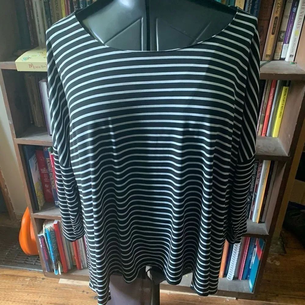 Chico’s black & white striped layered wide neck 3/L flowy blouse